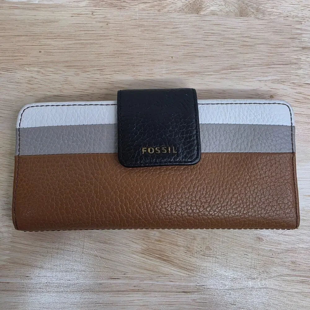 Fossil Colorblock Leather Bifold Wallet Trifold Organizer Brown Tan Black 8x3.5